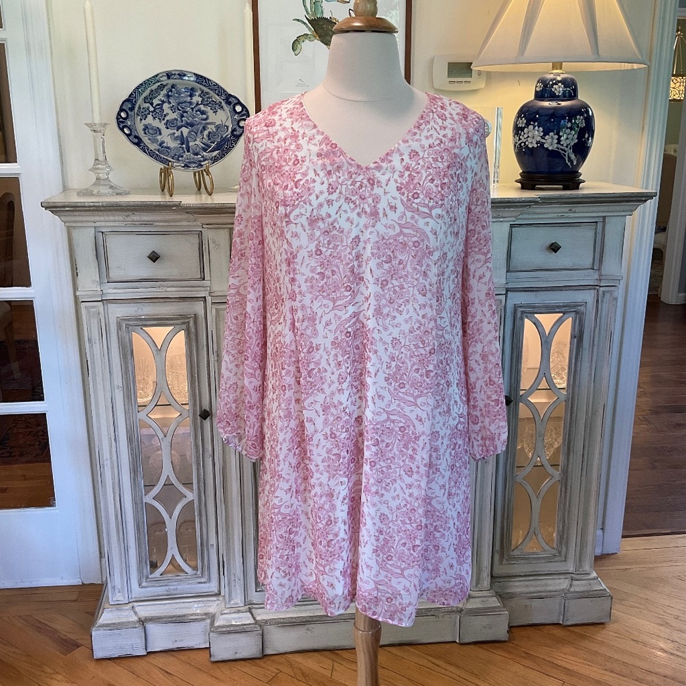 INC Pink & White Floral Chiffon Shift Dress NWOT 16